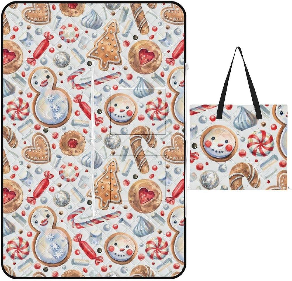 EDGFEWWOI213Watercolor-Christmas-Sweets-Cartoon Picnic Blanket Outdoor Camping Mat Foldable Portable Tote Bag 3-Layer Waterproof Backing for Outdoors