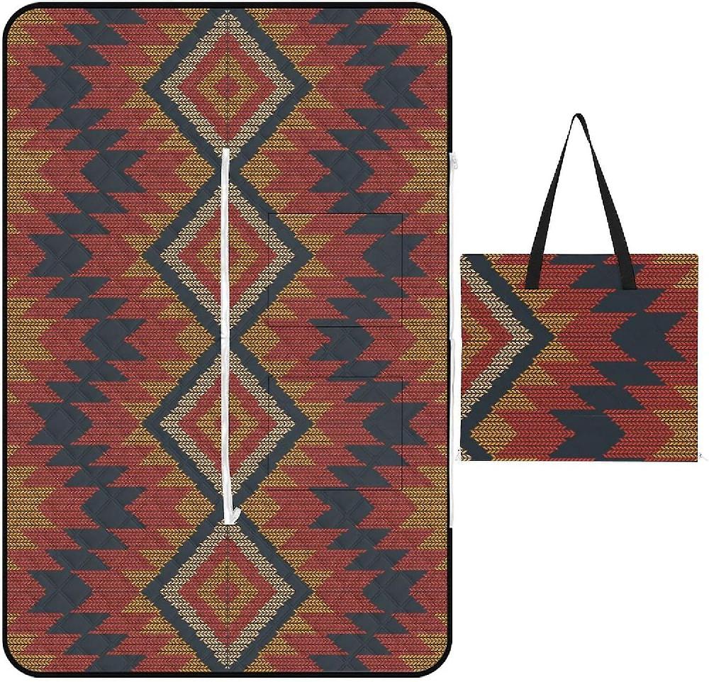 EDGFEWWOI216Ethnic Ikat Art Picnic Blanket Outdoor Camping Mat Foldable Portable Tote Bag 3-Layer Waterproof Backing for Outdoors Concerts Beach Park