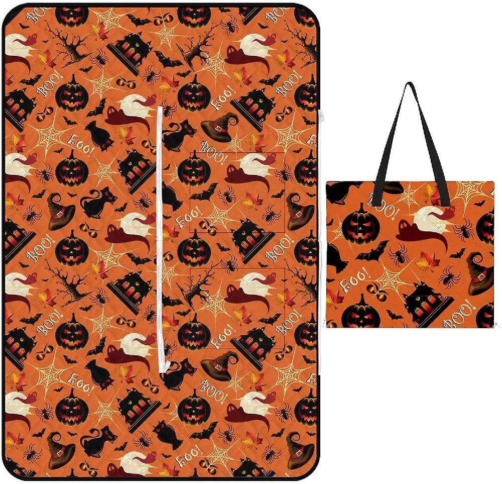 EDGFEWWOI241Retro Halloweens Pattern Picnic Blanket Outdoor Camping Mat Foldable Portable Tote Bag 3-Layer Waterproof Backing for Outdoors Concerts B