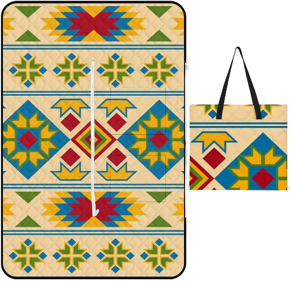 EDGFEWWOI312Ethnic Geometric Picnic Blanket Outdoor Camping Mat Foldable Portable Tote Bag 3-Layer Waterproof Backing for Outdoors Concerts Beach Par