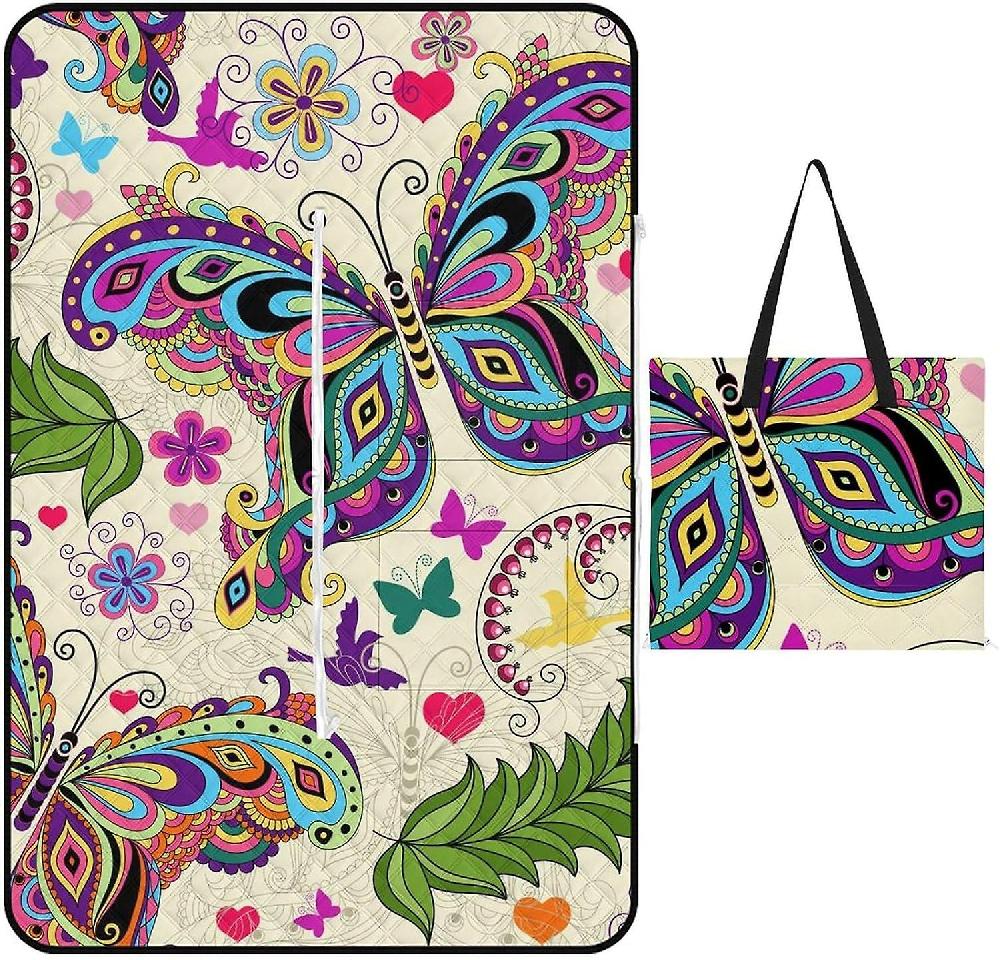 EDGFEWWOI479Flying Butterflies Picnic Blanket Outdoor Camping Mat Foldable Portable Tote Bag 3-Layer Waterproof Backing For Outdoors Concerts Beach P