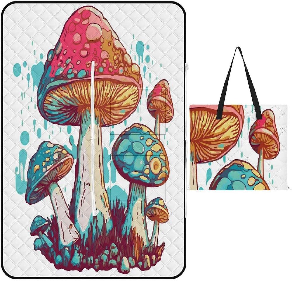 EDGFEWWOI501Mushroom Cartoon Hippie Picnic Blanket Outdoor Camping Mat Foldable Portable Tote Bag 3-Layer Waterproof Backing for Outdoors Concerts Be