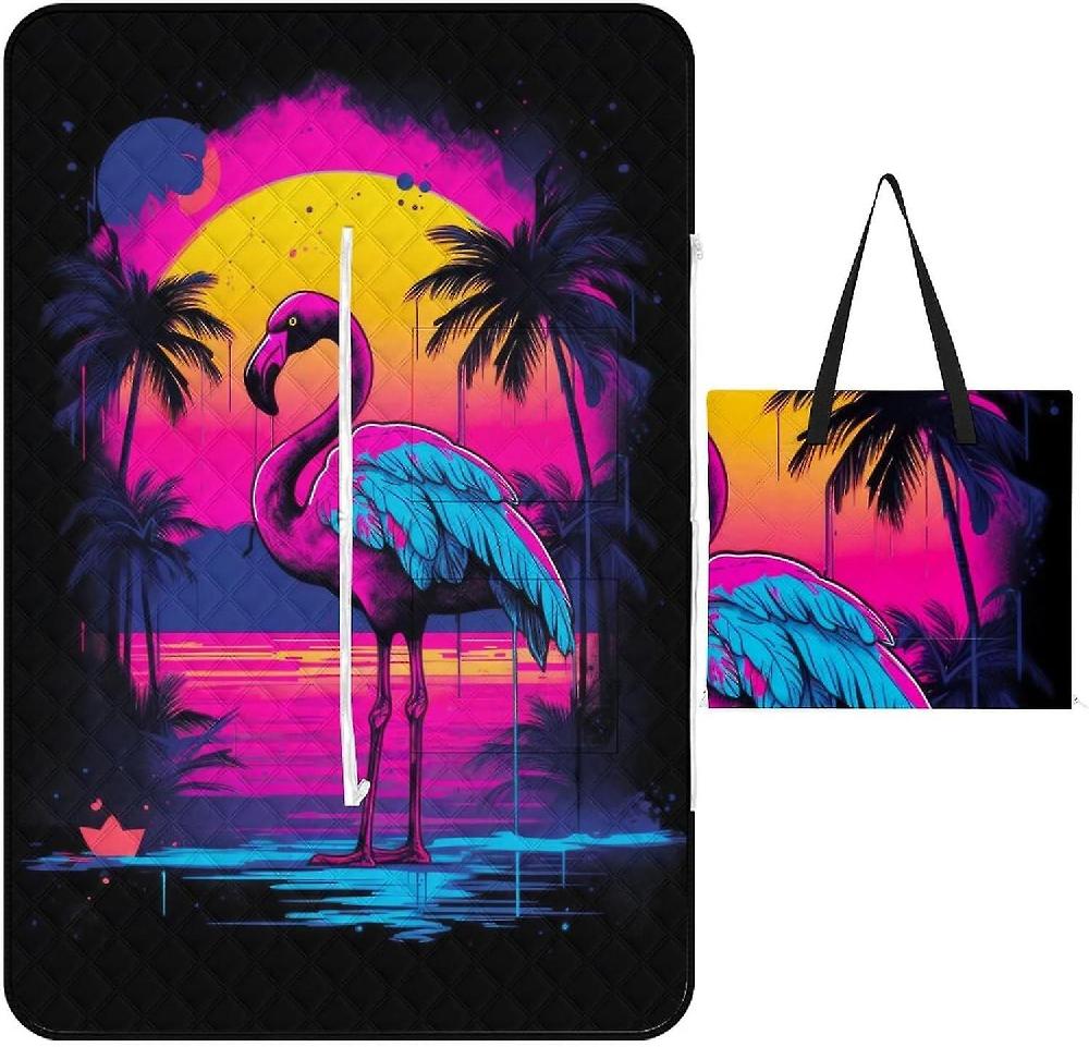 EDGFEWWOI522Pink-Flamingos Picnic Blanket Outdoor Camping Mat Foldable Portable Tote Bag 3-Layer Waterproof Backing For Outdoors Concerts Beach Park