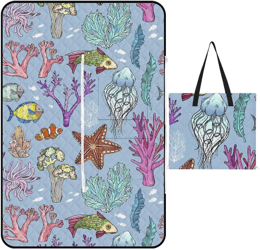 EDGFEWWOI53Fish Cute Picnic Blanket Outdoor Camping Mat Foldable Portable Tote Bag 3-Layer Waterproof Backing for Outdoors Concerts Beach Park -2