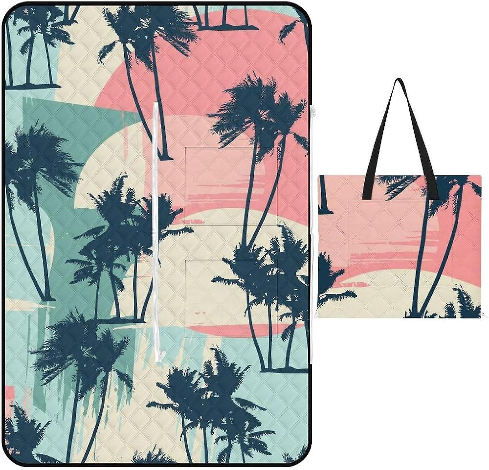EDGFEWWOI570Exotic Tropical Palms Artistic Picnic Blanket Outdoor Camping Mat Foldable Portable Tote Bag 3-Layer Waterproof Backing For Outdoors Conc