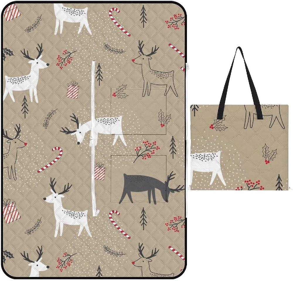 EDGFEWWOI60Pink-Christmas Cute Picnic Blanket Outdoor Camping Mat Foldable Portable Tote Bag 3-Layer Waterproof Backing For Outdoors Concerts Beach P