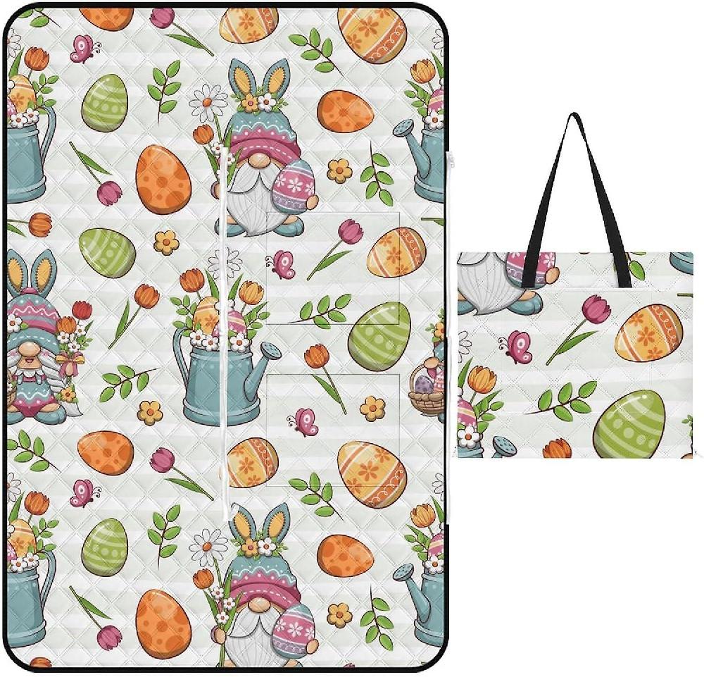 EDGFEWWOI626Happy Easter Blue Picnic Blanket Outdoor Camping Mat Foldable Portable Tote Bag 3-Layer Waterproof Backing For Outdoors Concerts Beach Pa