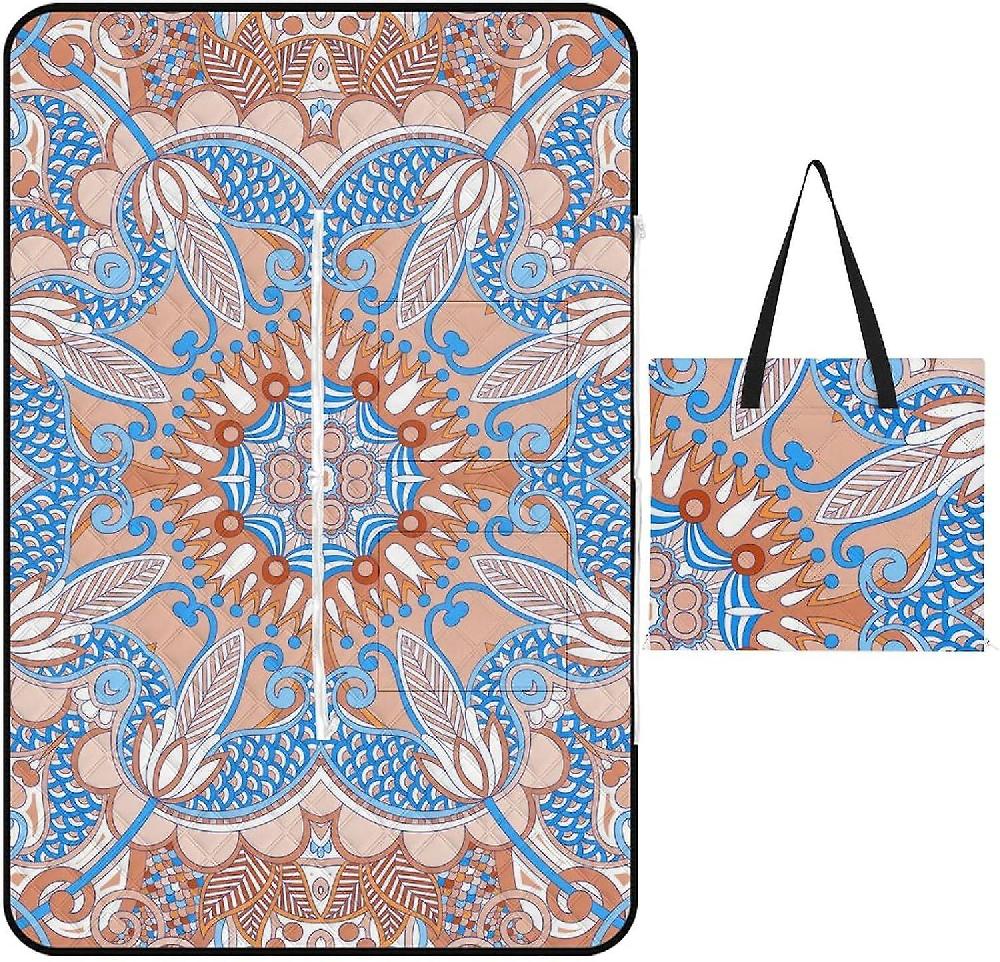 EDGFEWWOI700Traditional Paisley Graphics Picnic Blanket Outdoor Camping Mat Foldable Portable Tote Bag 3-Layer Waterproof Backing for Outdoors Concer