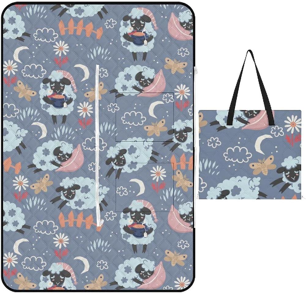 EDGFEWWOI708Cute Sleepy Lambs Picnic Blanket Outdoor Camping Mat Foldable Portable Tote Bag 3-Layer Waterproof Backing for Outdoors Concerts Beach Pa
