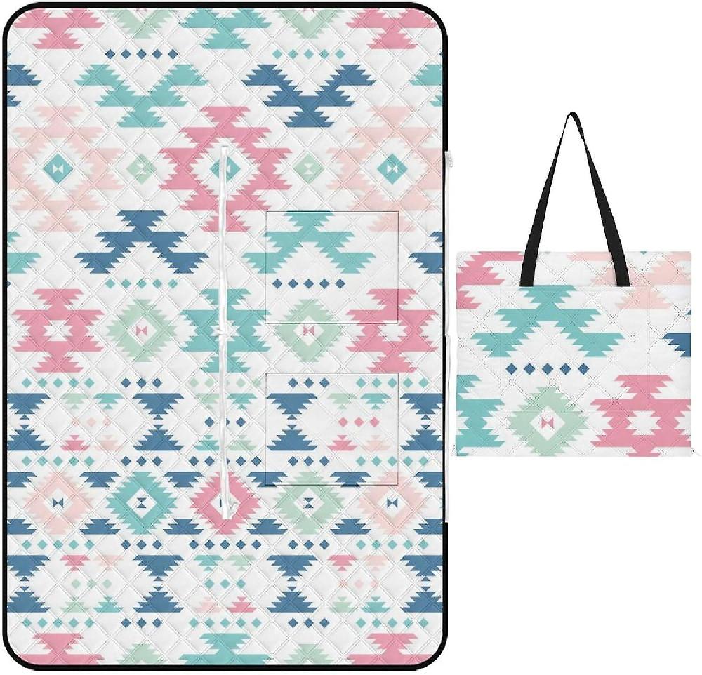 EDGFEWWOI760Ethnic Geometric Fashion Picnic Blanket Outdoor Camping Mat Foldable Portable Tote Bag 3-Layer Waterproof Backing For Outdoors Concerts B
