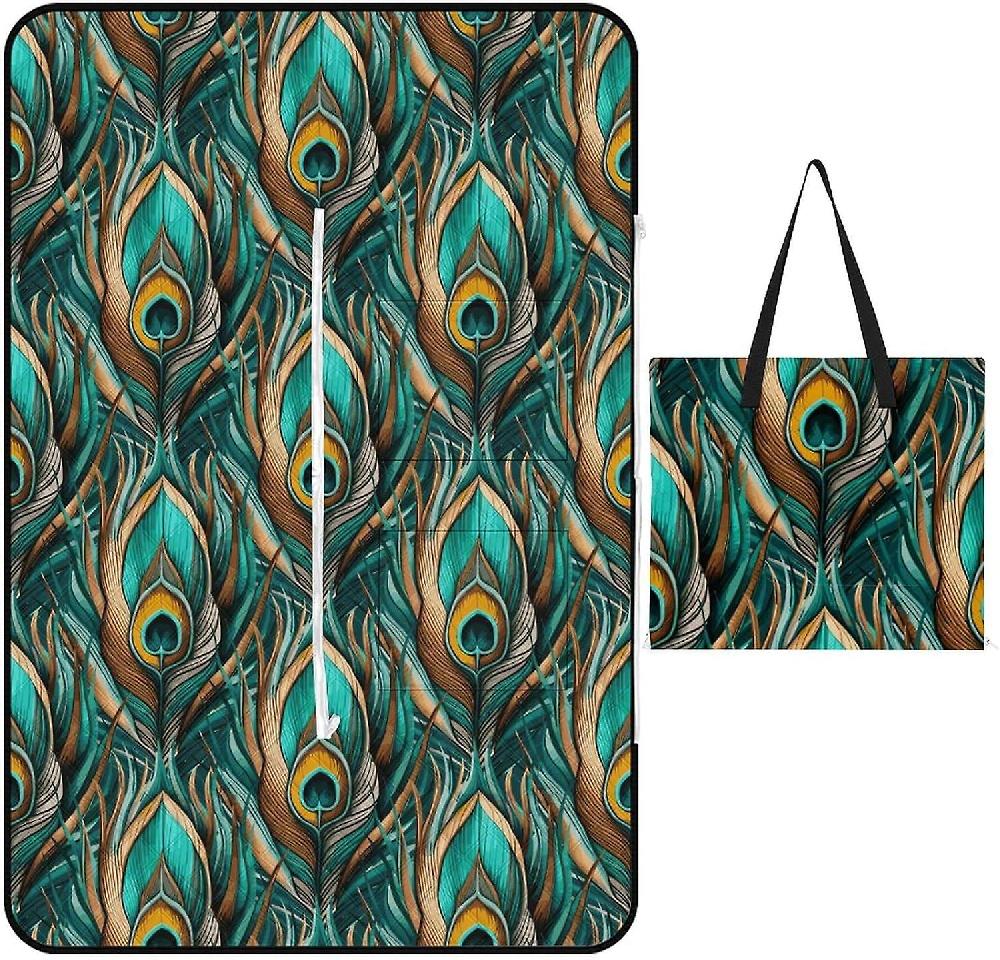 EDGFEWWOI80Peacock Feathers Dark Picnic Blanket Outdoor Camping Mat Foldable Portable Tote Bag 3-Layer Waterproof Backing For Outdoors Concerts Beach