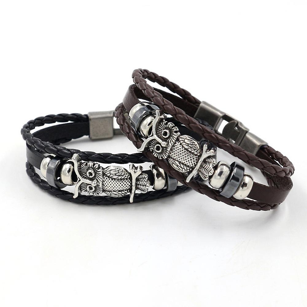 Eif Dock Fashion Charms Multiple Layers Owl Leather Bracelet Men Vintage Classic Rope Chain Wrap Arm Bracelet Set Male Jewelry