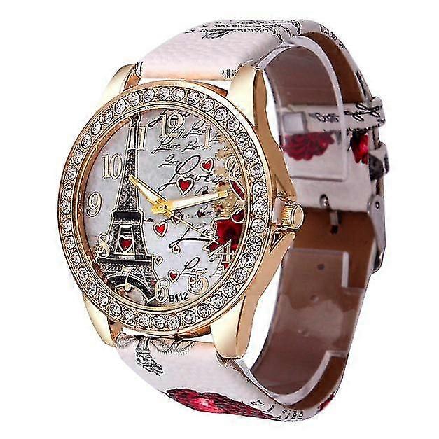 Eiffel Tower + Heart Pattern Leather Strap Quartz Watch For Women