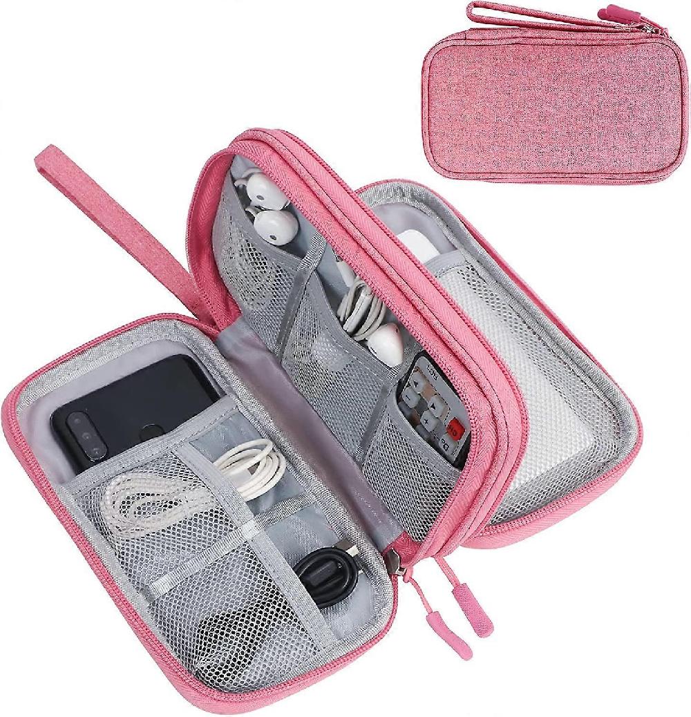 Electronics Accessories Organiser Bag Cable Organiser Bag 2-Layers Portable Waterproof Travel Bag for Cable SD Cards Charger Power Bank Pink