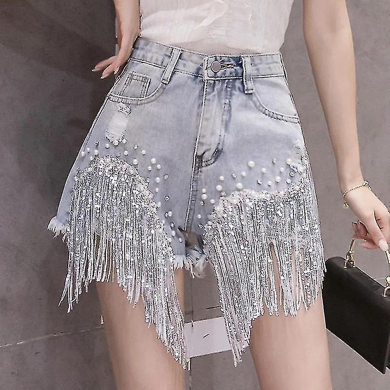 Elegant Shorts Lady Tassel Beading High Waist Wide Leg Denim Shorts