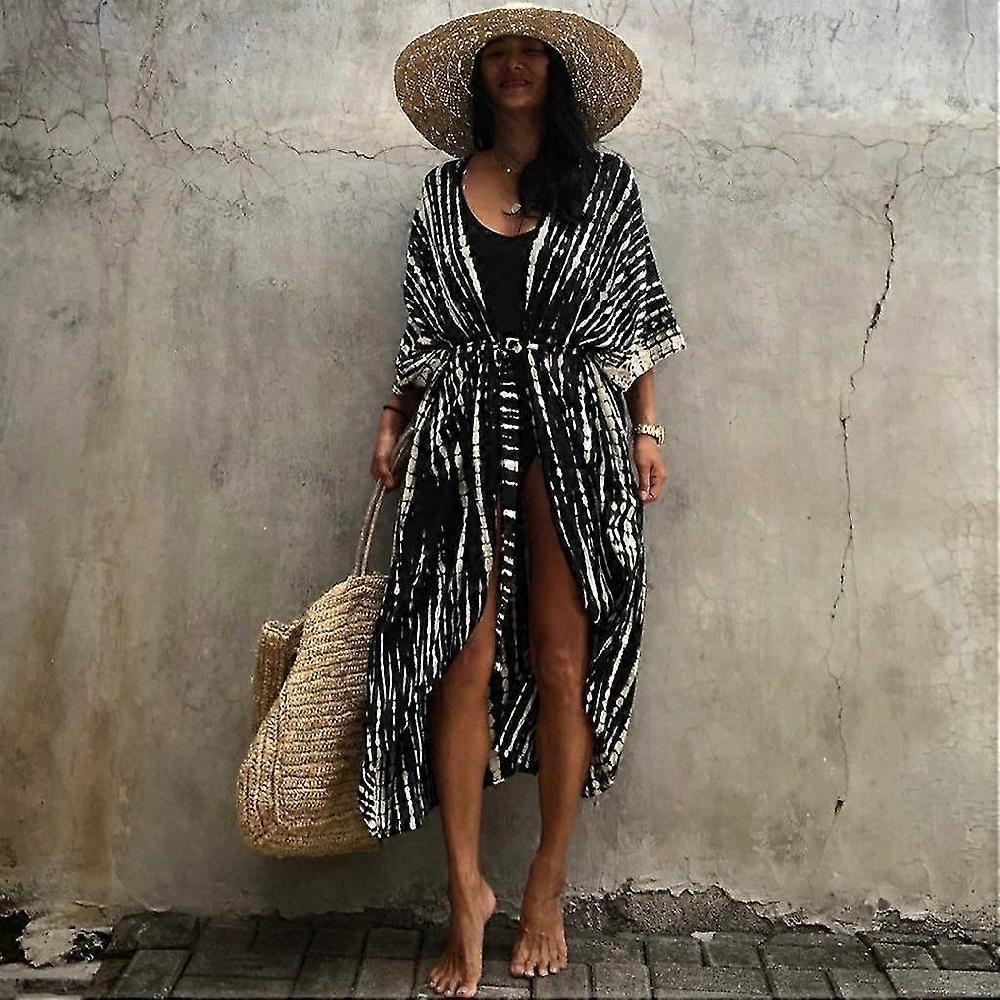 Elegant Tie Dye Open Front Long Kimono Swimsuit For Women