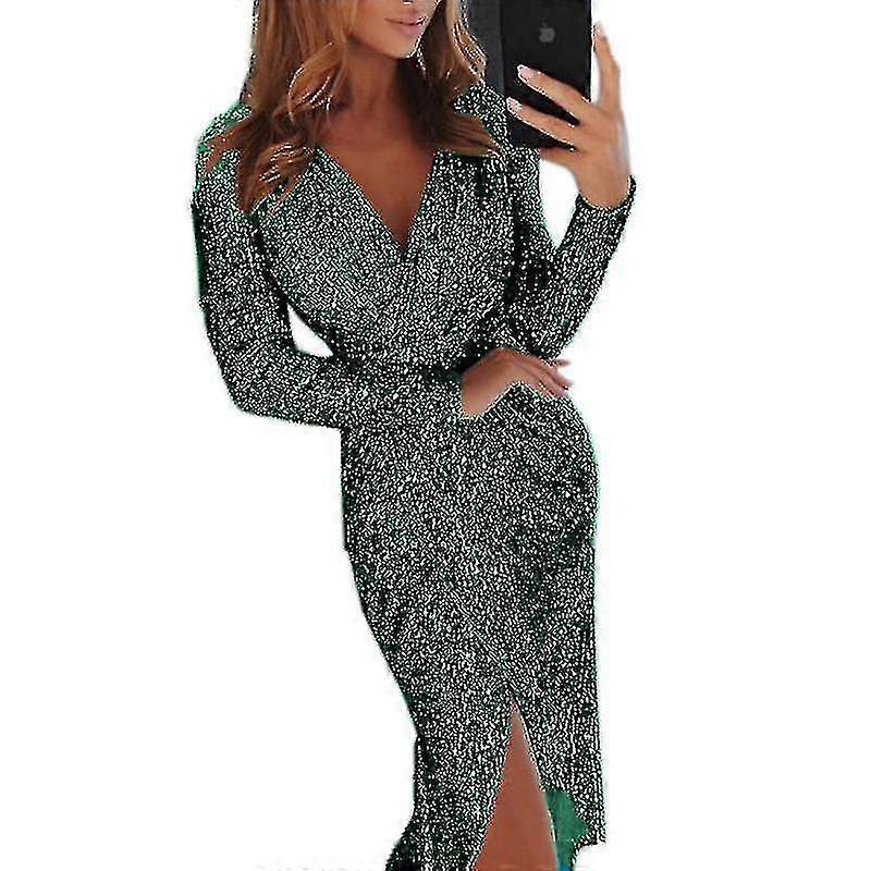 Elegante Paillettes Glitter Party Dress Women V Neck Bodycon Glitter Long Sleeve Ladies Club Party Gown