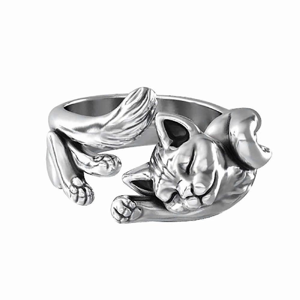 Exquisite Copper Plated Silver Cat Ring Fashion Ladies Jewelry Ring Size 5-11