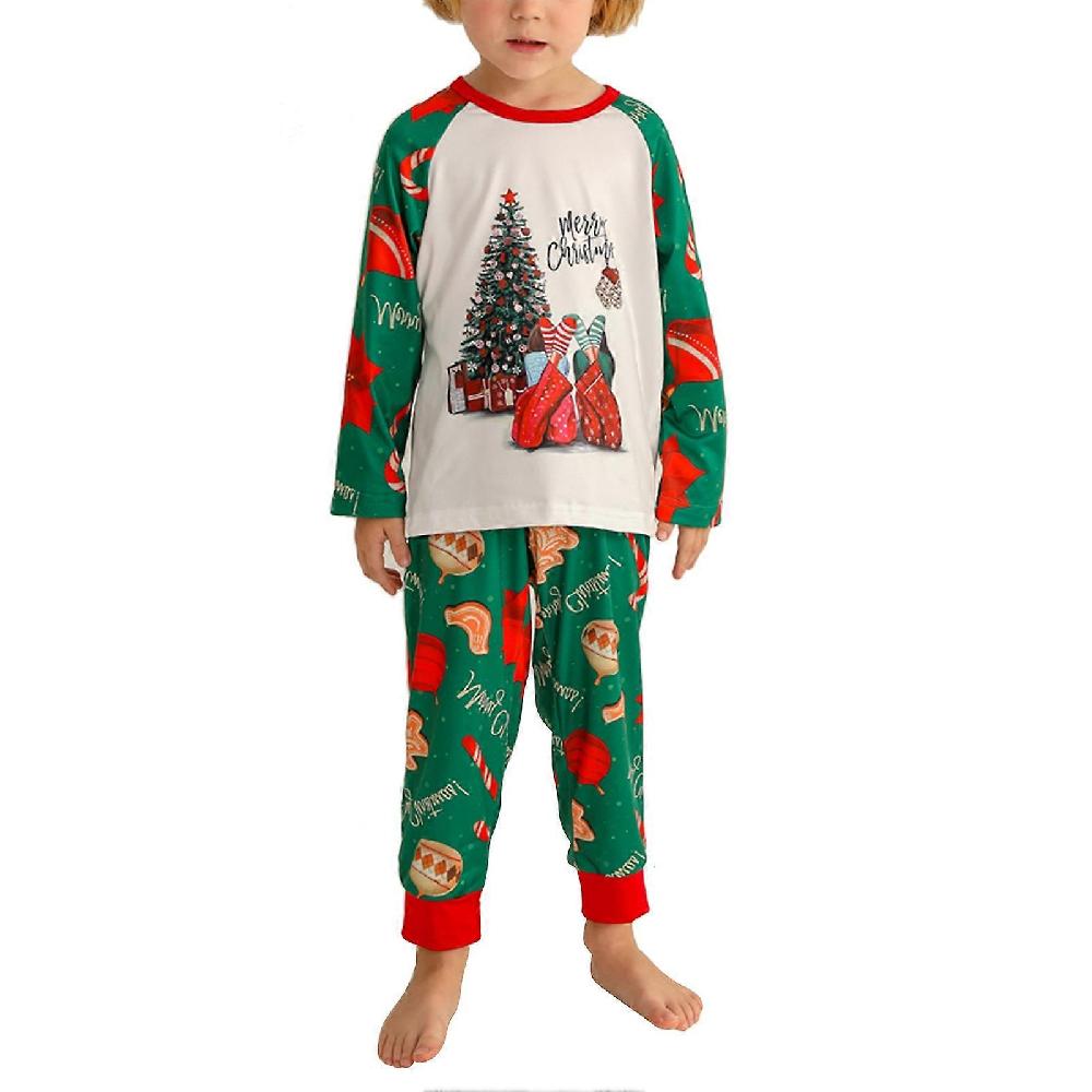 Family Pajamas Set Christmas Tree Printing Round Collar Long Sleeves Elastic Waist Sleepwear Kit Picture Color KIDS 3-4Y