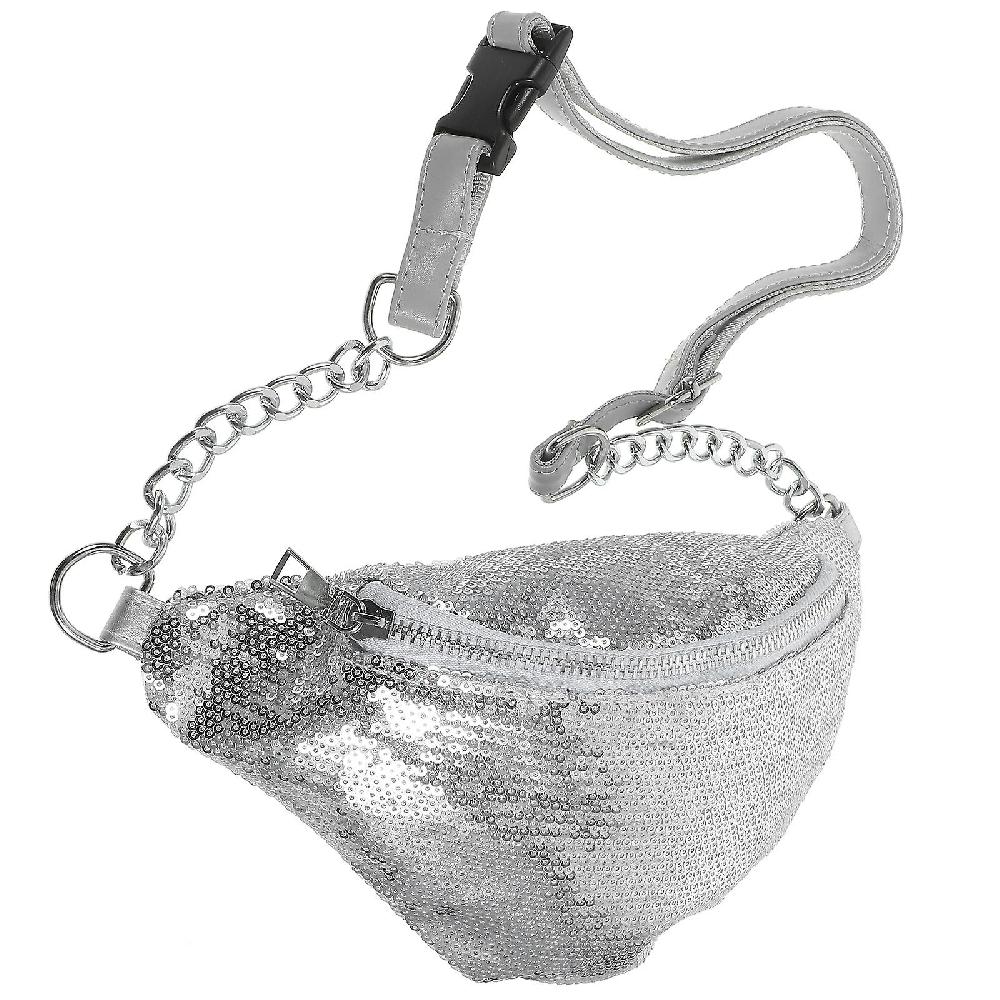 Fashion PU Sequins Fanny Pack Chic Casual Zipper Waist Bag for Traveling Outdoor Sports (Silver)
