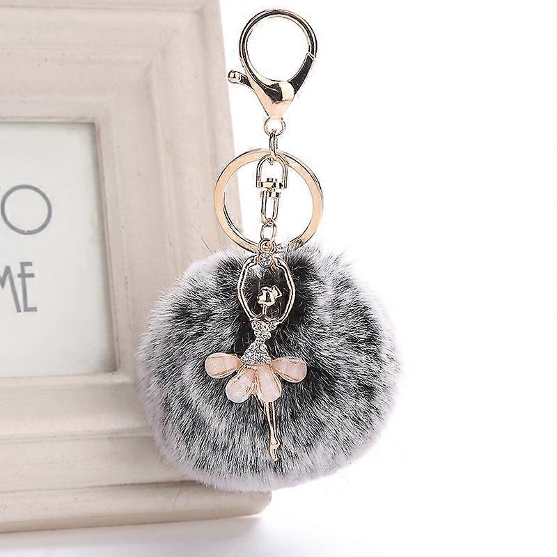 Faux Fox Fur Pom Pom Ball Keychain with Ballet Dancer Charm Fluffy Ball Key Chain (Snow Bla GBC