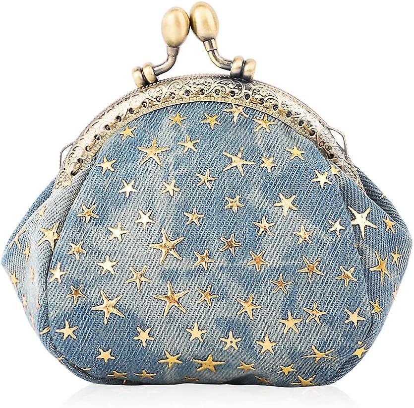 Five-pointed Star Coin Purse Denim Change Pouch Wallets Buckle With Kisslock Clasp Coin Holder Clutch Handbags For Women Ladies (blue)