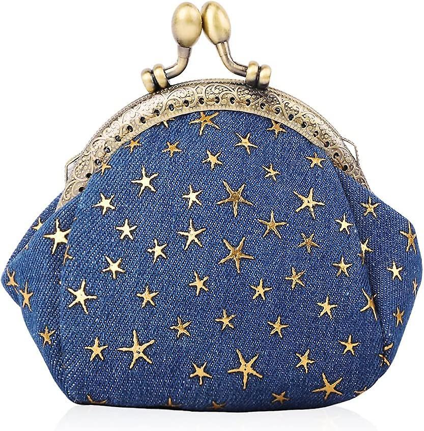 Five-pointed Star Coin Purse Denim Change Pouch Wallets Buckle With Kisslock Clasp Coin Holder Clutch Handbags For Women Ladies (navy Blue)