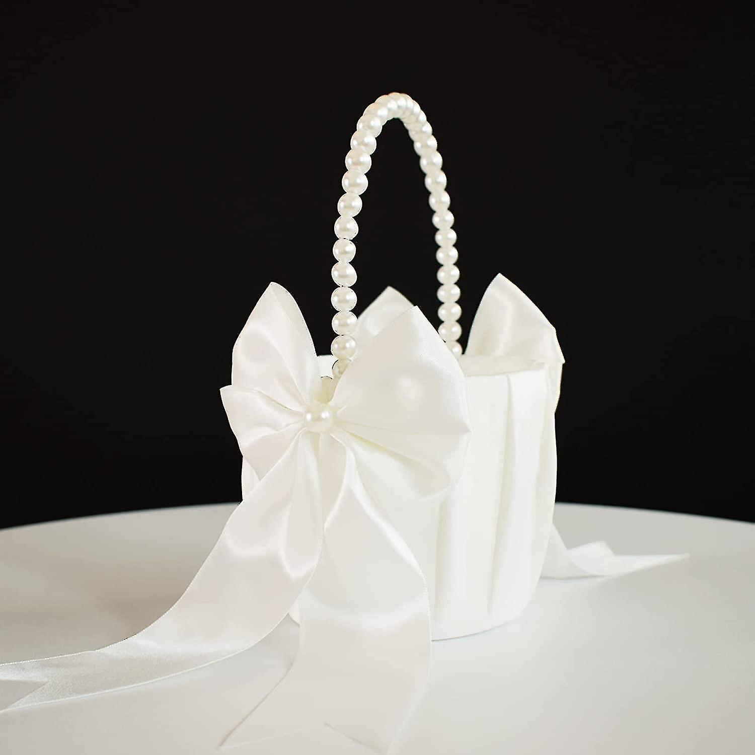 Flower Girl Basket With Pearl Handle Ivory Fariy Wedding Baskets For Flower Girls