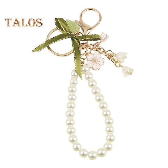 Flower Metal Keychain Pendant Faux Pearl Ribbon Bowknot Decor Car Key Chain Earphone Bag Phone Accessories