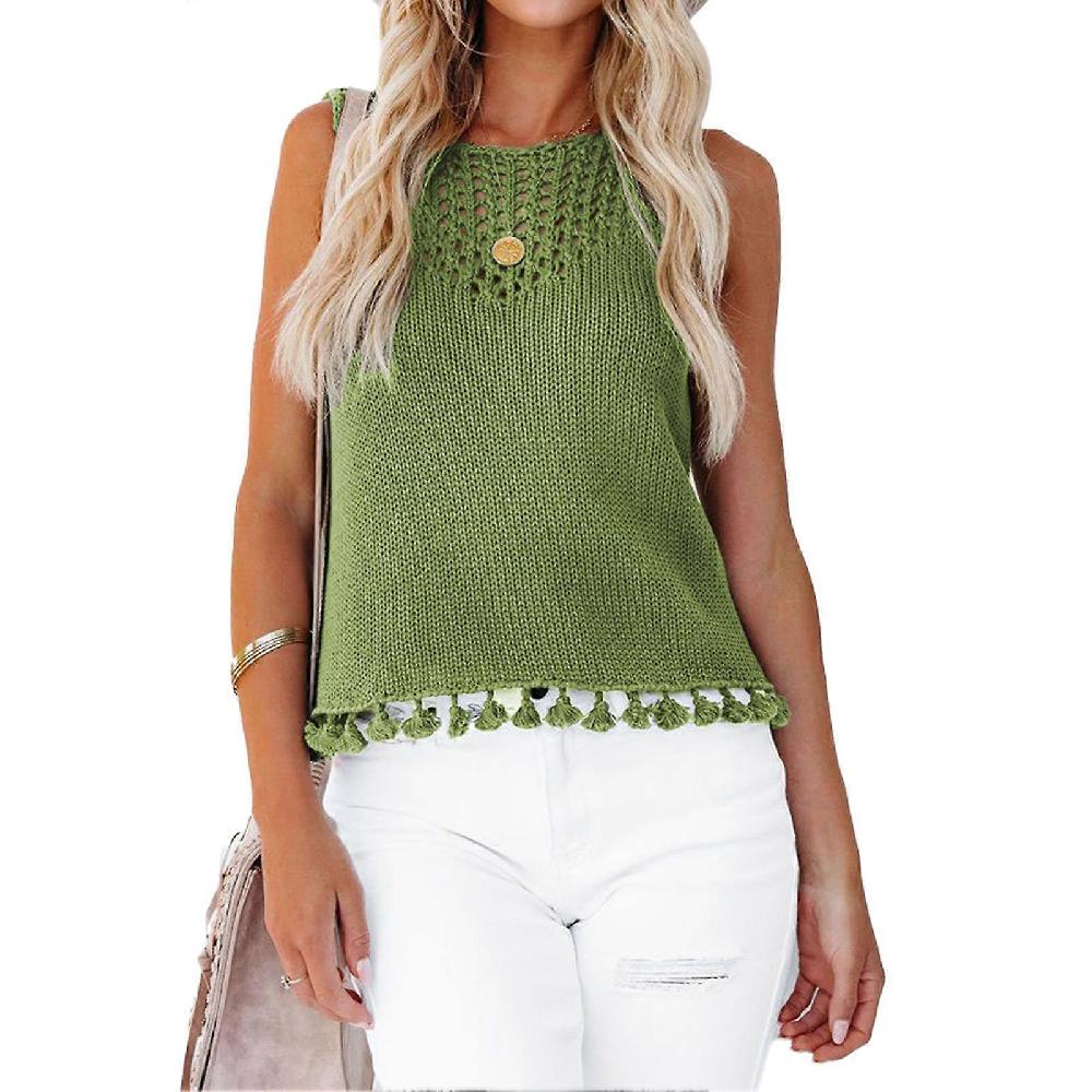 Green L Women's Summer Crochet Tops Hollow Out Neckline Sleeveless Shirt Blouse Women Fringe Hem Casual Kintted Vest Top