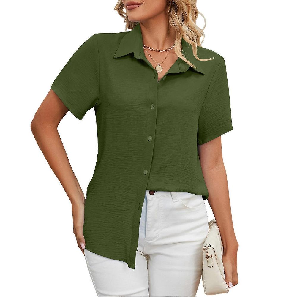 Green S Women's Button Down Shirt Pure Color Short Sleeve Breathable Casual Shirt for Working