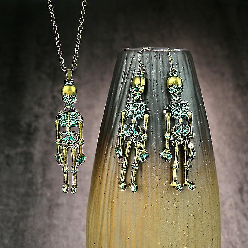 Halloween Earrings Jewelry Human Skeleton Pendant Necklace + Skull Earrings