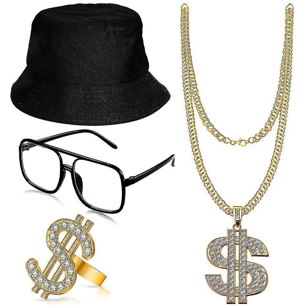 Hip Hop Punk Style Dollar Necklace Ring Glasses Fisherman Hat Set Fancy Cosplay Props