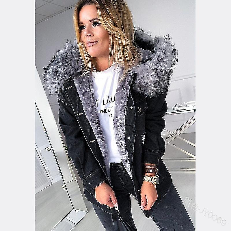 Inverno Thick Denim Jacket Donna Casual Manica Lunga Pelliccia Colletto con cappuccio Cappotto caldo