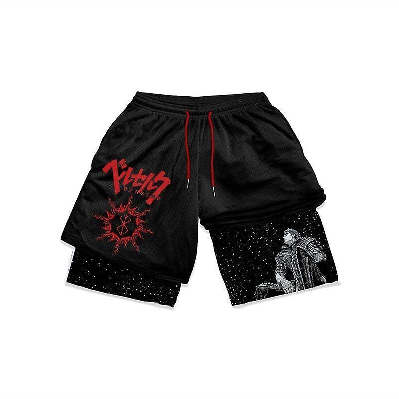 Japanese Anime Berserk 2 in 1 Gym Shorts for Men Active Athletic Compression Shorts 5 Inch Quick Dry Stretchy Training Fitness Dexterity Games