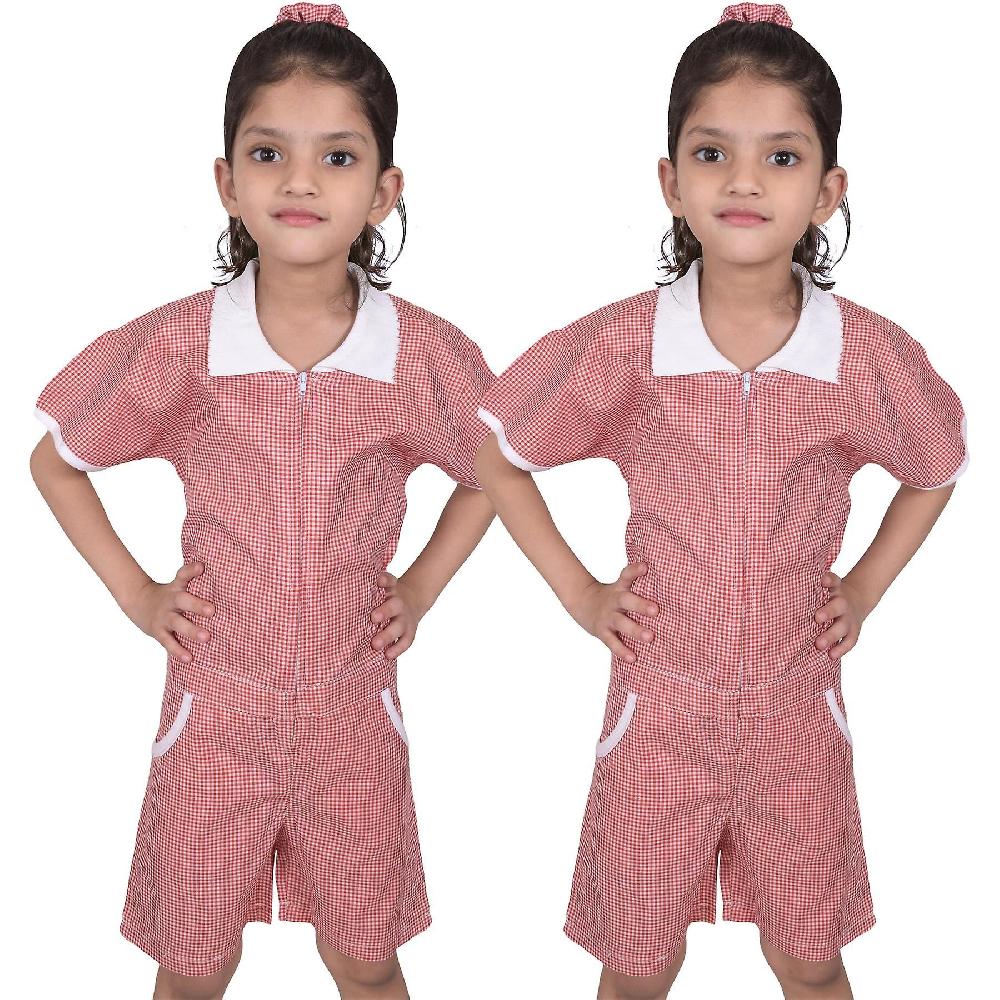 Kids Girls Gingham School 2 Pack Check Summer Playsuit With Matching Scrunchies
