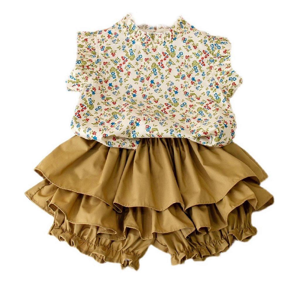 Kids Two Piece Outfits Sleeveless Top Bud Skirt Shorts Summer Flower Print Shirt Shorts Set Size 90