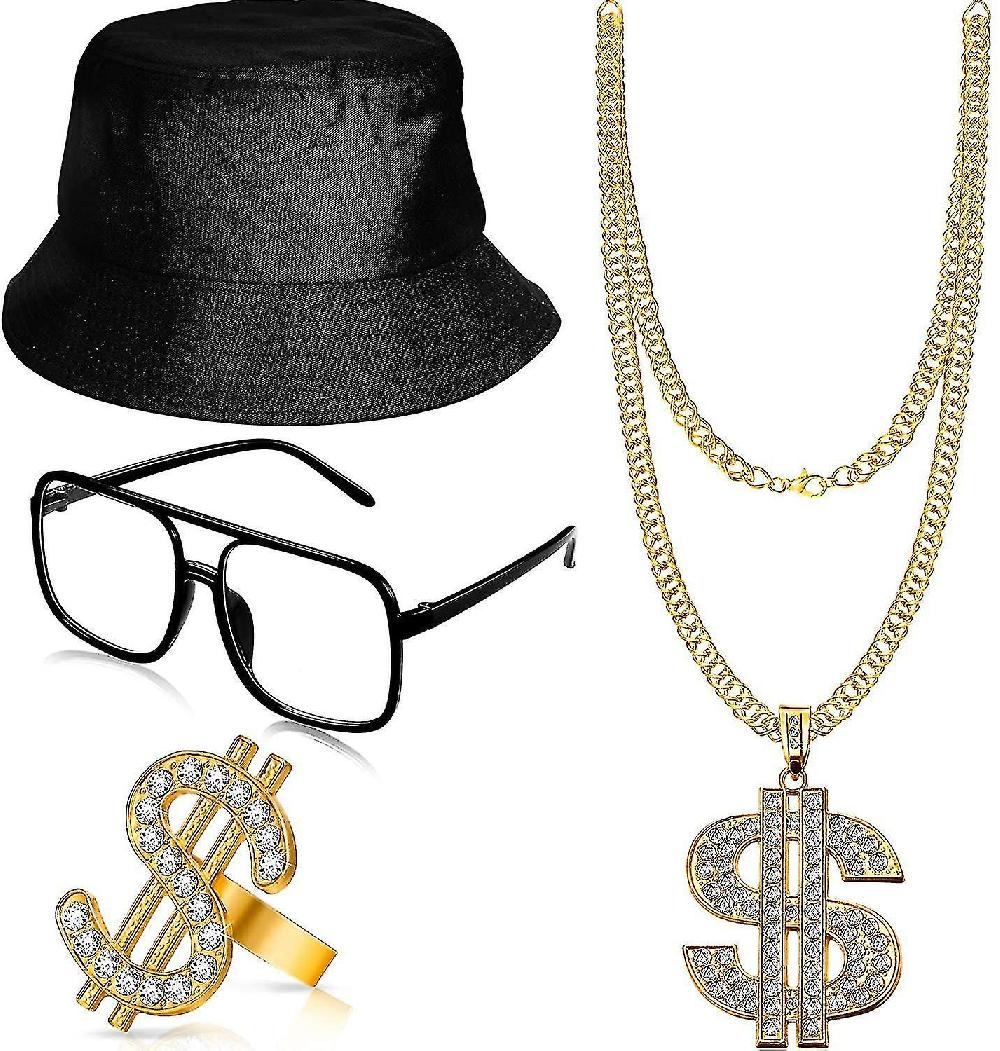 Kit di abbigliamento hip hop con bucket hat occhiali da sole catena e anello d'oro accessori rapper anni '80/'90 (set di 4)