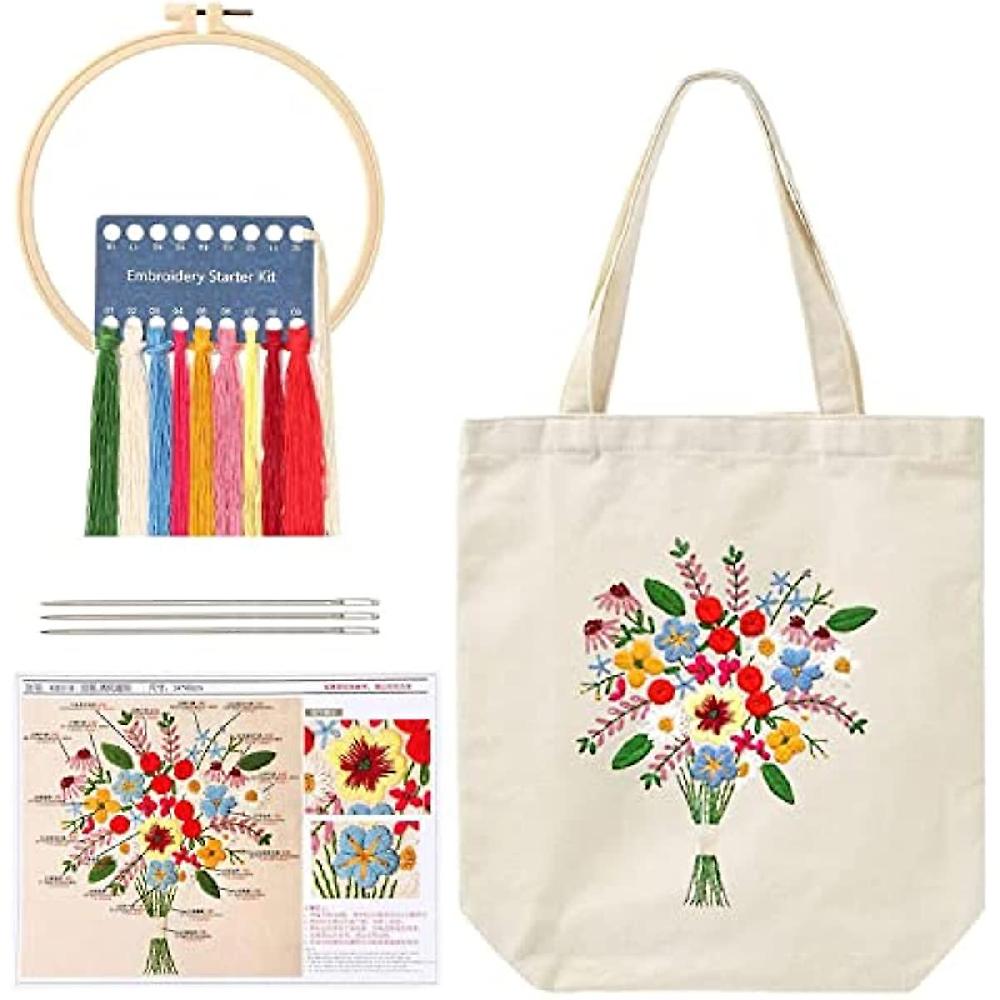 Kit di ricamo per borse tote in tela con starter kit di ricamo a motivi floreali con istruzioni Include Bamboo Embroidery Hoop Tote Bag Color Threa