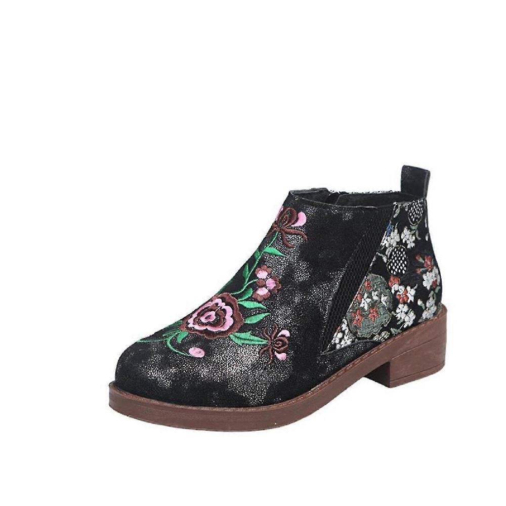Ladies Mid-heel Short Boots Embroidered Retro Round Toe Side Zipper Stretch Belt Single Boots