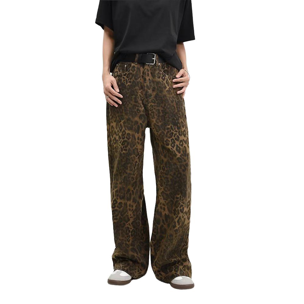 Ladies Women Leopard Print Jeans Pants Vintage Streetwear Jeans Straight Leg Denim Loose Trousers
