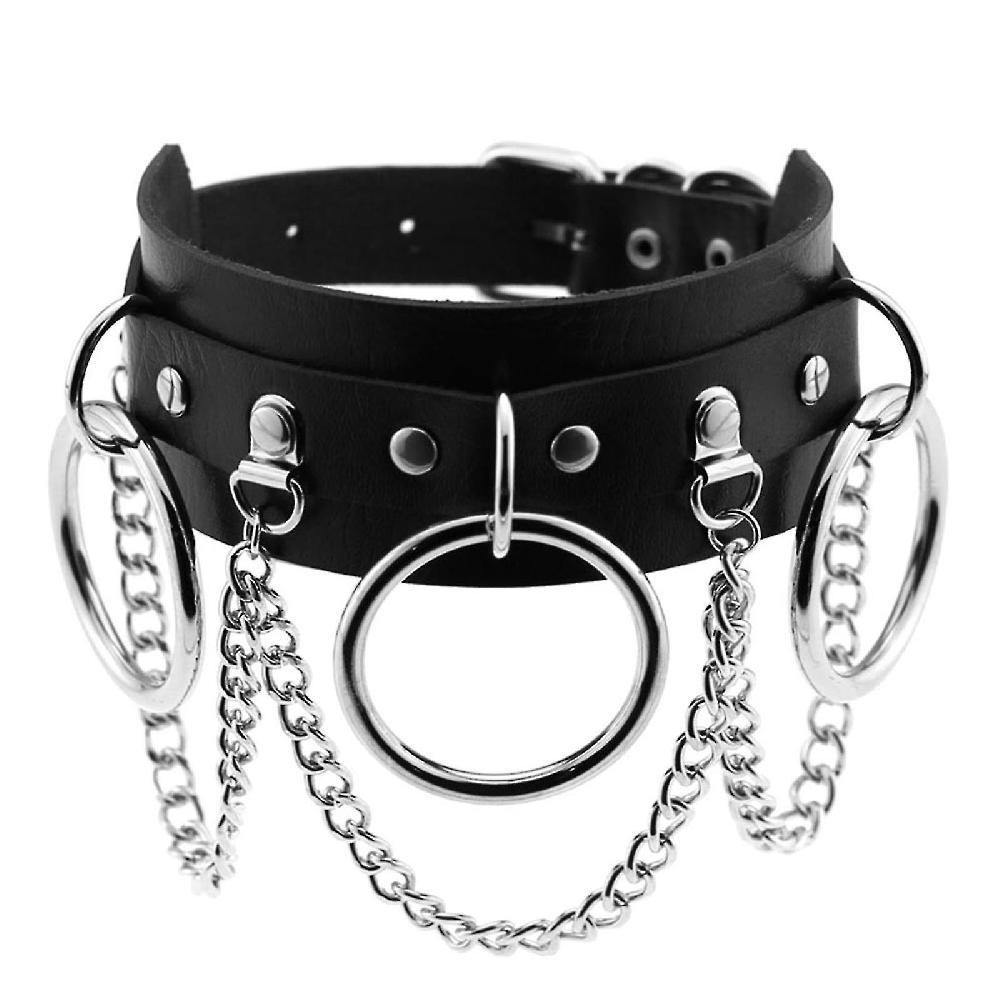 Leather Choker Metal Ring Chain Nel Adjustable Punk Collar Chain Sexy Soft Pu Leather Choker Nel - Bla