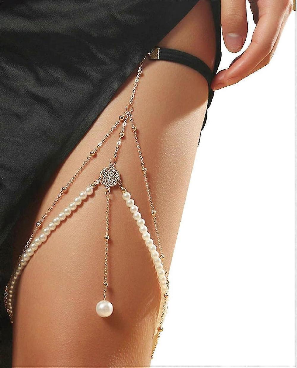 Leg Chains Sexy Layered Pearl Leg Body Chain Beach Leg Chain Stretchy Thigh Chain Boho Jewelry For Women