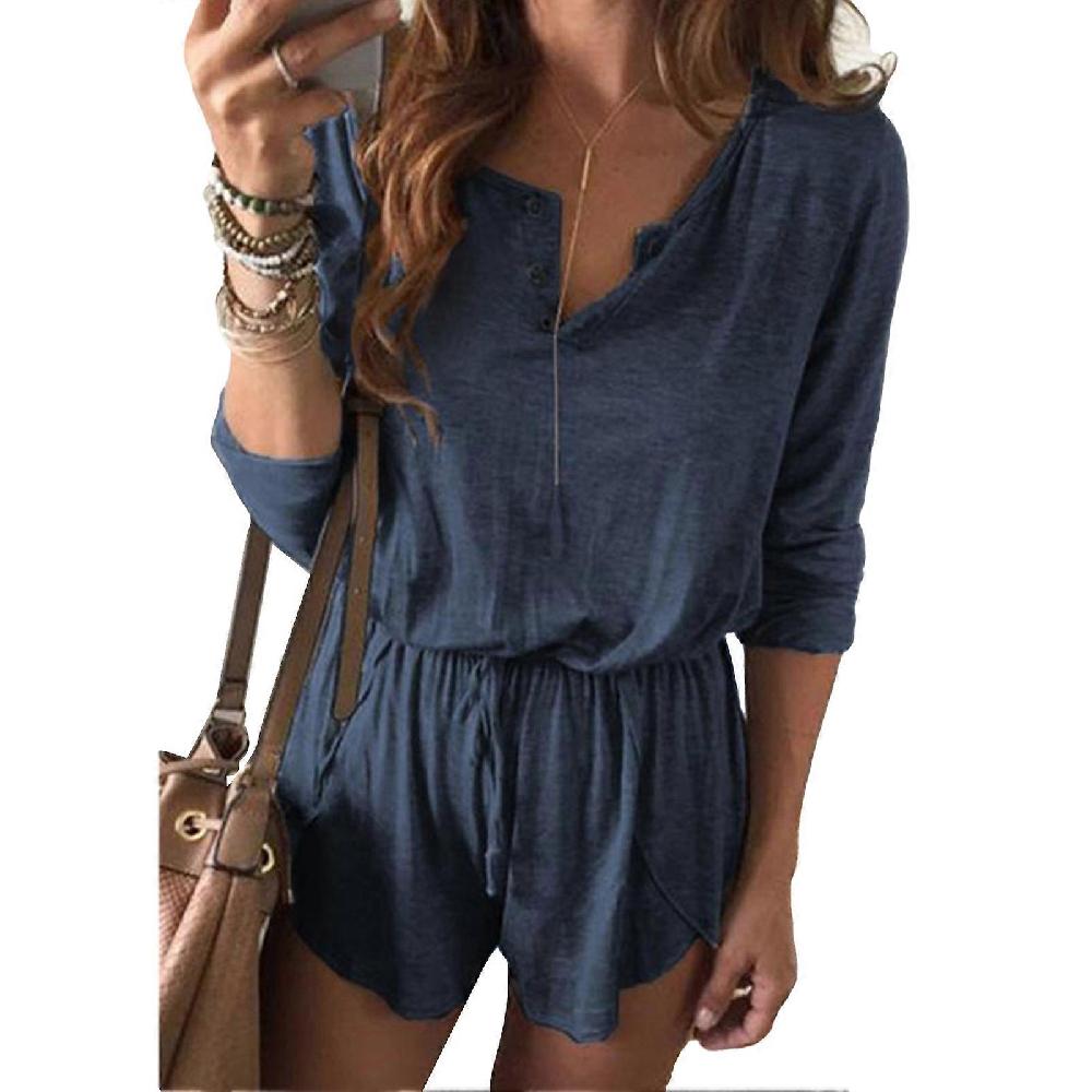 Long Sleeve Shorts Jumpsuit Lace Up V Neck Solid Color Breathable Women's Clothing Blue XXL