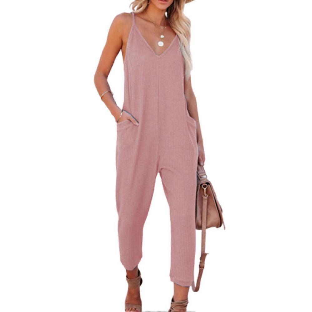 Loose Sleeveless Jumpsuit Spaghetti Strap Waffle V Neck Long Pants Playsuit With Side Pocket For Lady L Pink