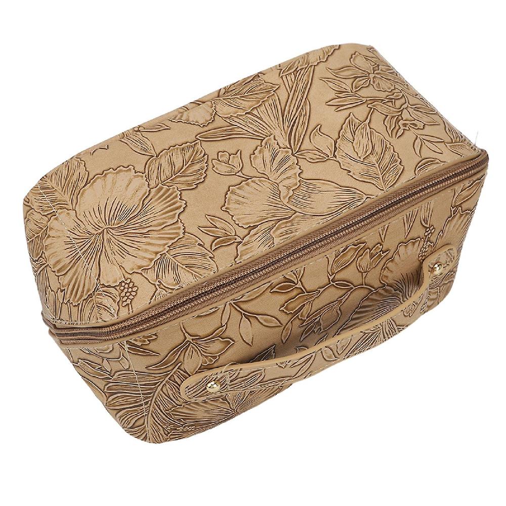 Makeup Bag Large Capacity Khaki PU Leather Floral Embossed Portable Zipper Toiletry Bag with Handle