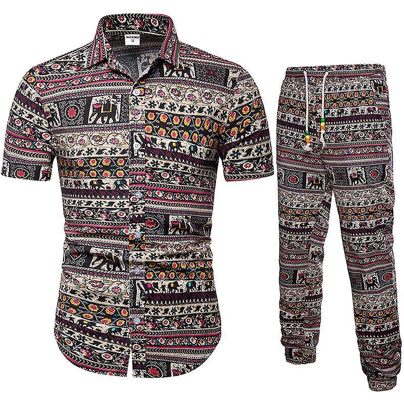 Men's 2 PCS Floral Tracksuits Short Sleeve Shirts Long Pants Sets