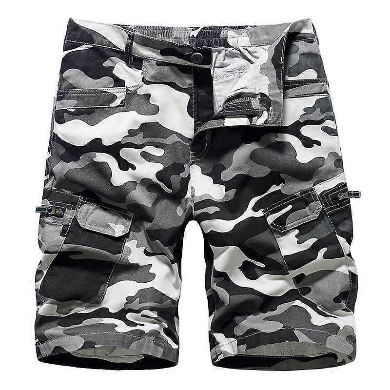 Men's Cargo Shorts Casual Cotton Multi-Pockets Elastic Waist Camo Shorts-Grey camouflage
