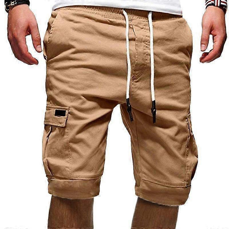 Men's Cargo Shorts Elastic Waist Drawstring Cotton Casual Outdoor Multi-Pocket Short-Khaki color