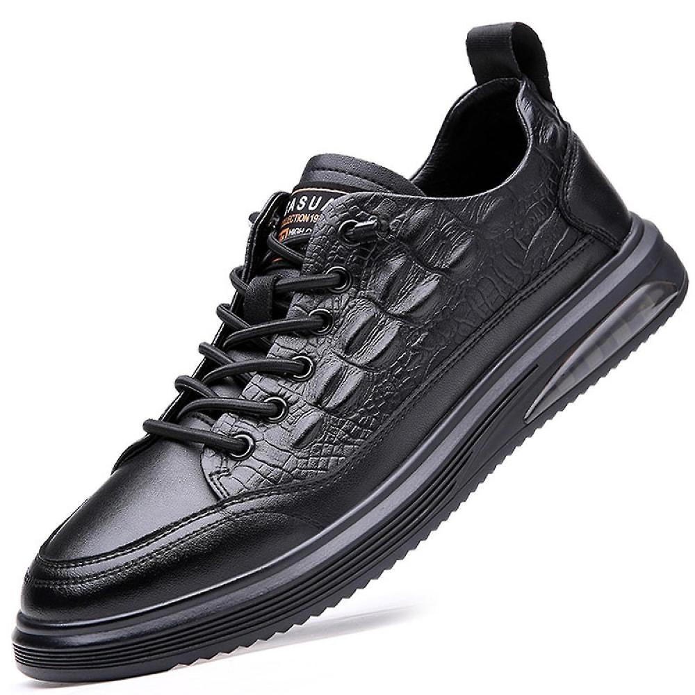 Men's Casual Cowhide Crocodile Print Sneakers Elastic Slip-on Air Cushion Soft Leather Waterproof N